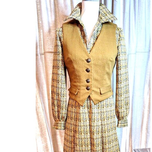1960s 70s Vintage Dress w Vest Long sleeve Hand Made - Picture 3 of 12